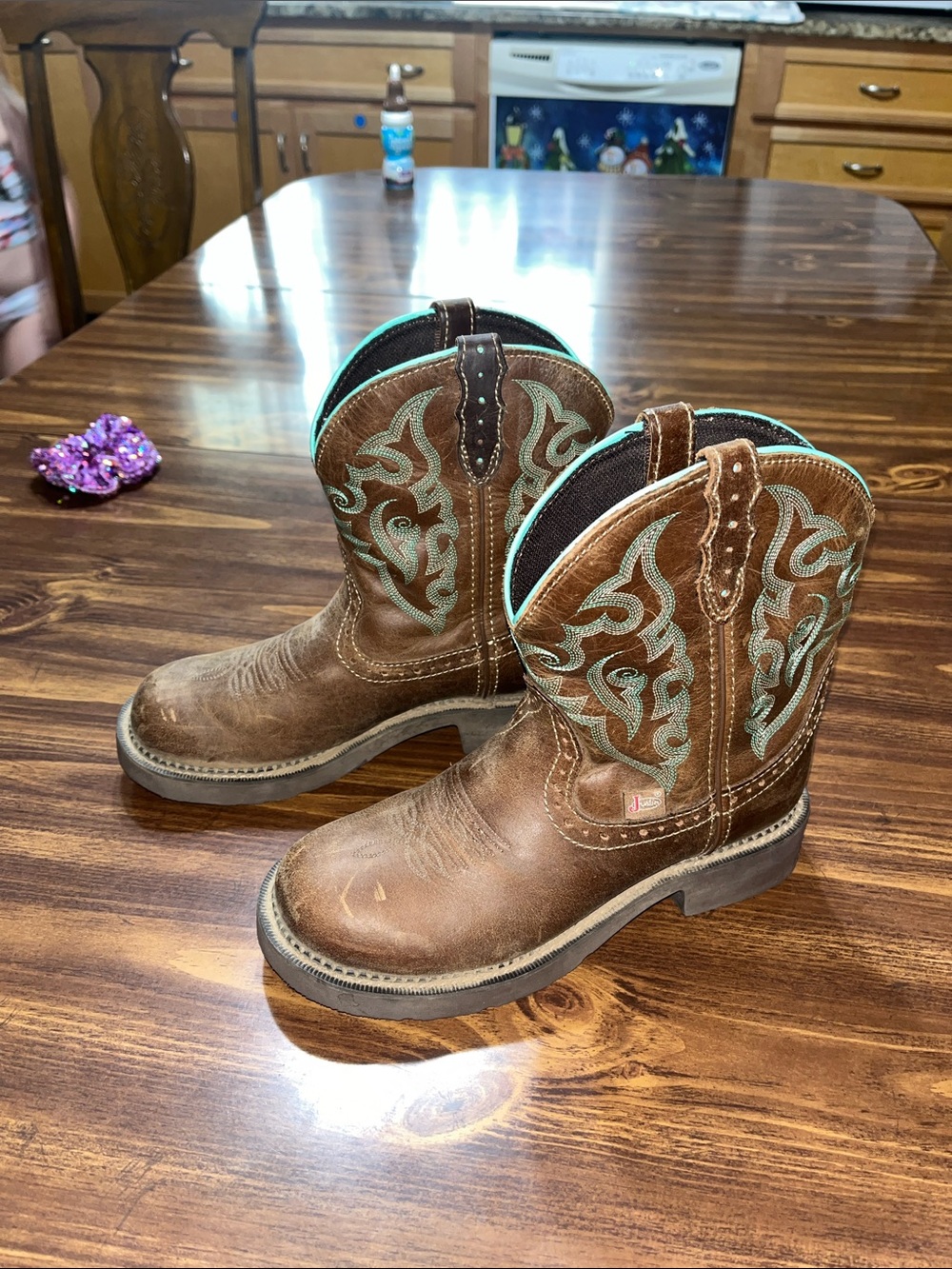 Justin Gypsy Brown Leather Western Boots with Turquoise Stitching
